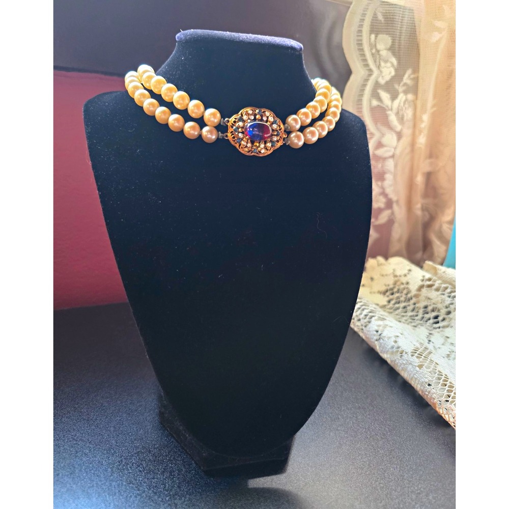 Vintage Florenza Double Strand Pearl Necklace Dragons Breath Glass Clasp Gold‎
